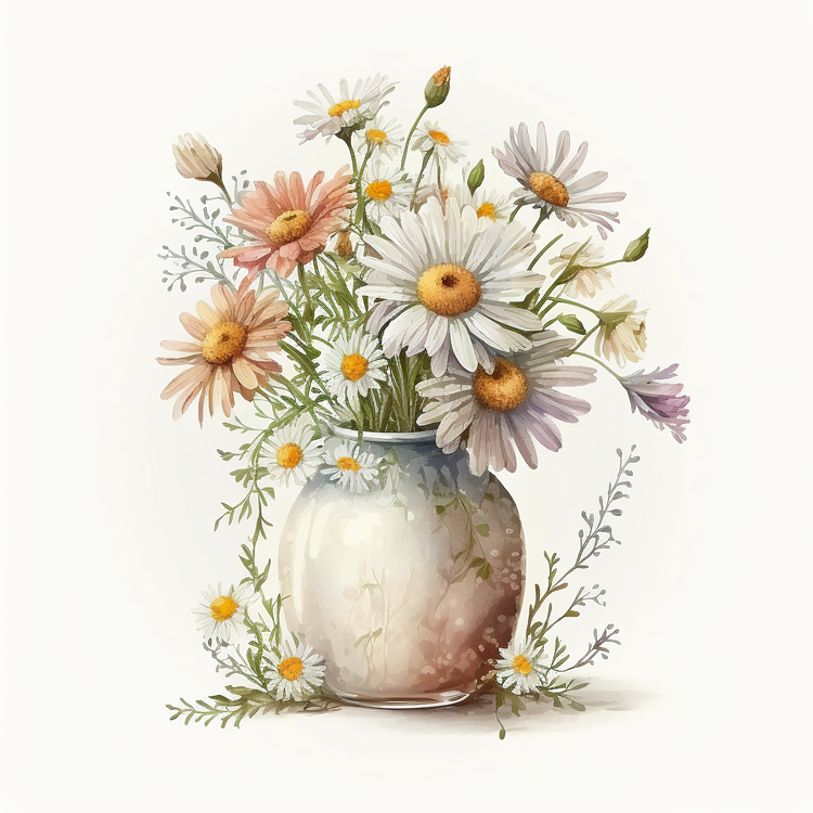 Watercolor Daisy Bouquet,Flower Vase,Daisies