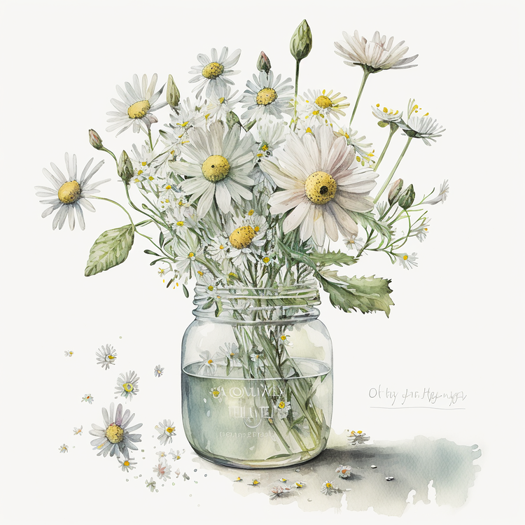 Watercolor Daisy Bouquet,Flower Vase,Mason Jar