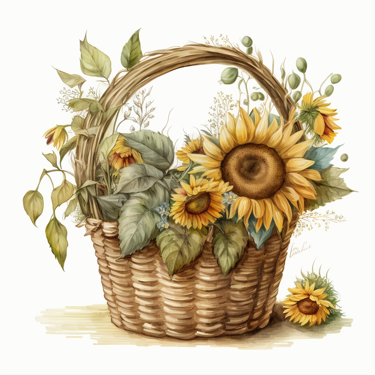 Watercolor Sunflower,Sunflowers,Wicker Basket