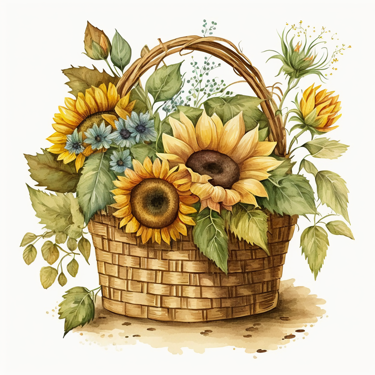 Watercolor Sunflower,Sunflowers,Basket