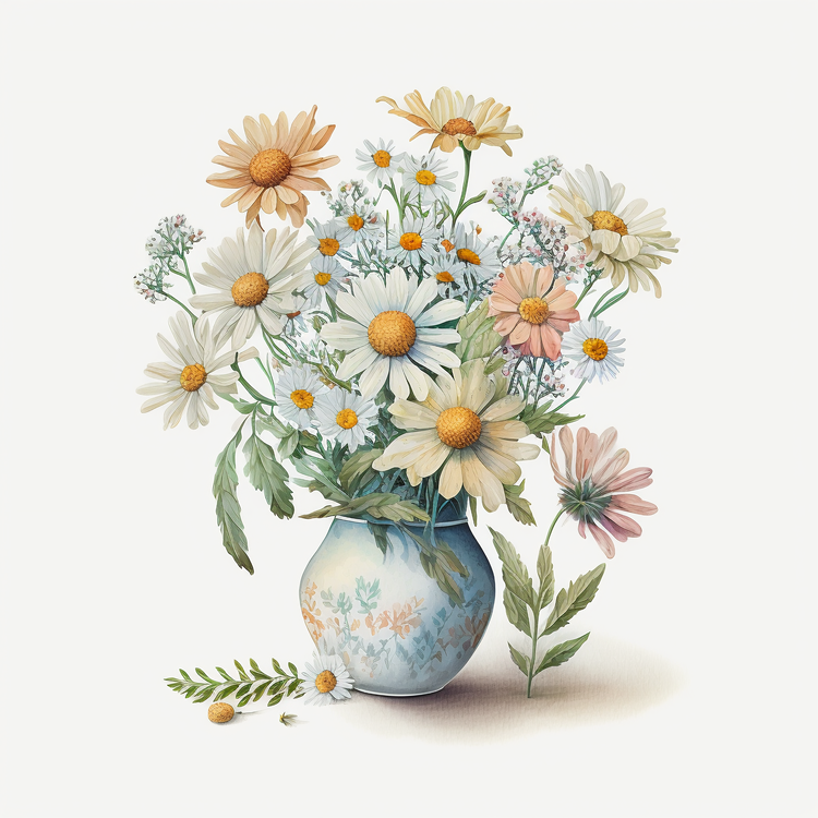 Watercolor Daisy Bouquet,Flower Vase,Bouquet