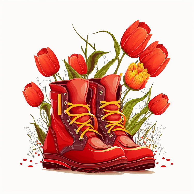 Tulips Bouquet,Red Boots,Boots