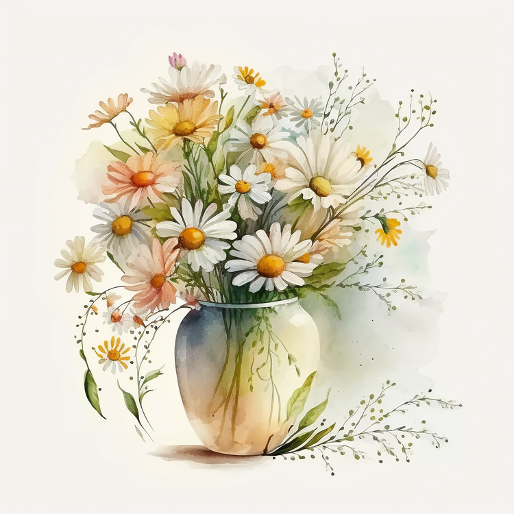 Watercolor Daisy Bouquet,Flower Vase,Bouquet