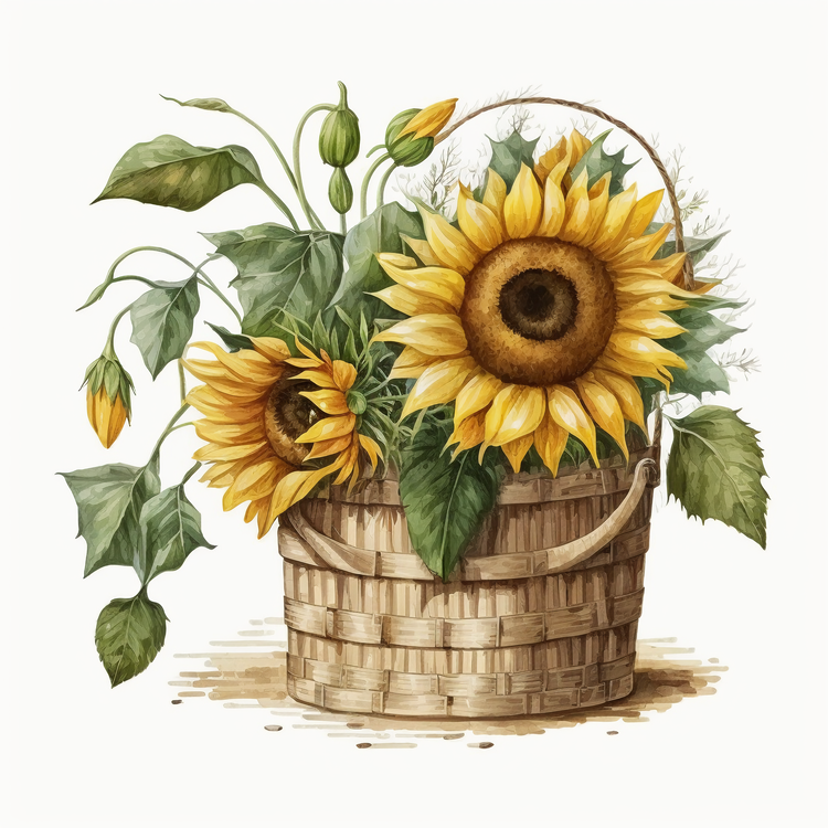 Watercolor Sunflower,Sunflowers,Basket