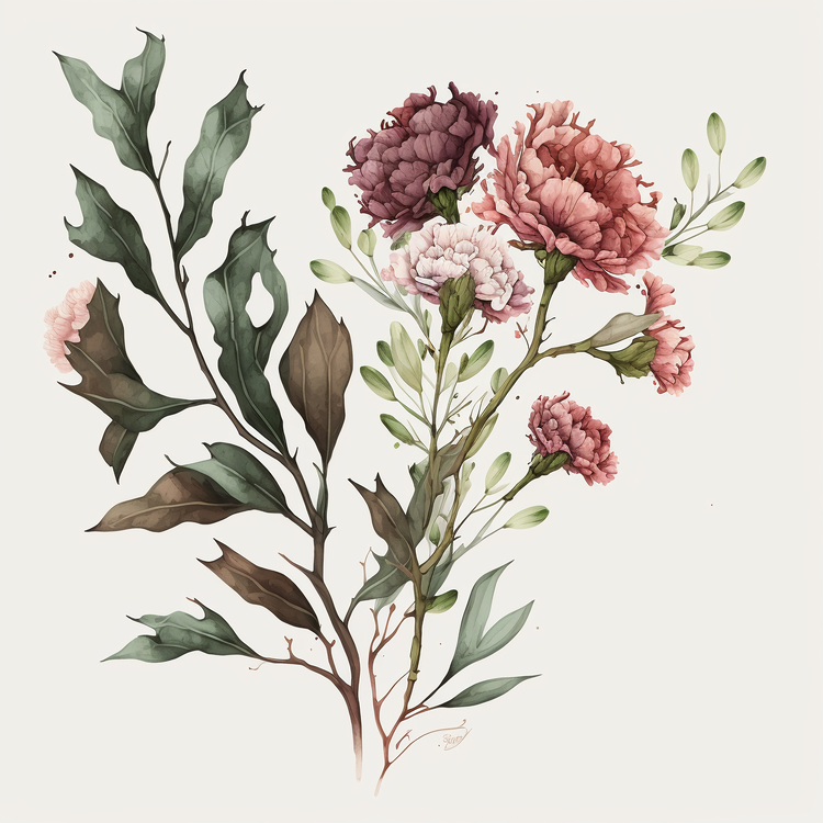 Carnations,Pink Flowers,Watercolor