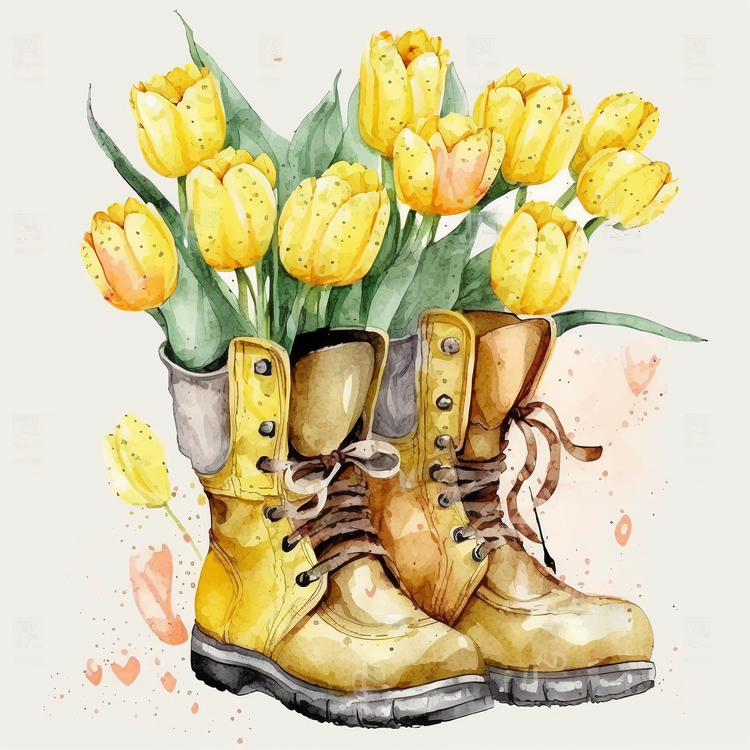 Tulips,Boots,Watercolor