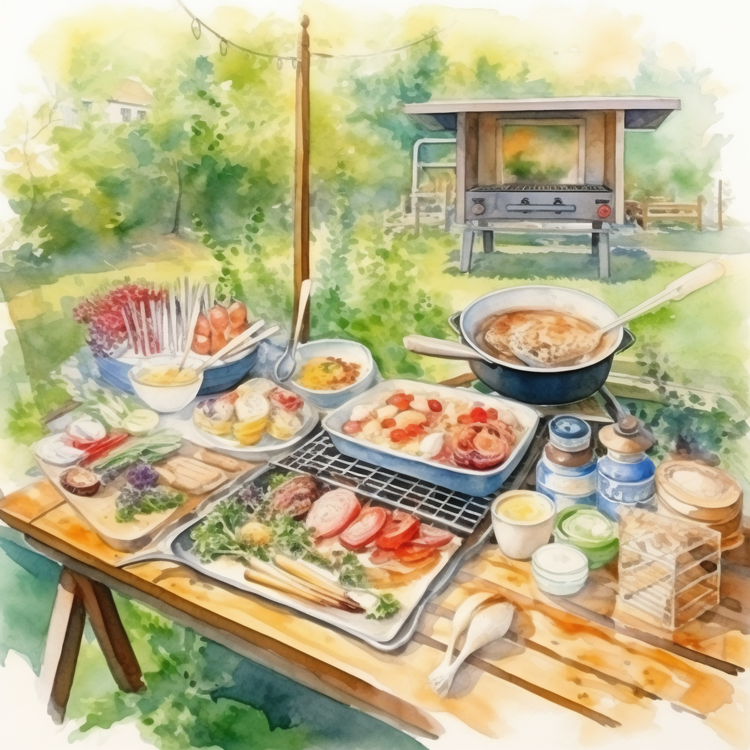 Backyard Barbecue,Watercolor,Outdoor Cooking