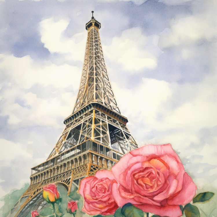 Eiffel Tower,Painted Sketch,Roses