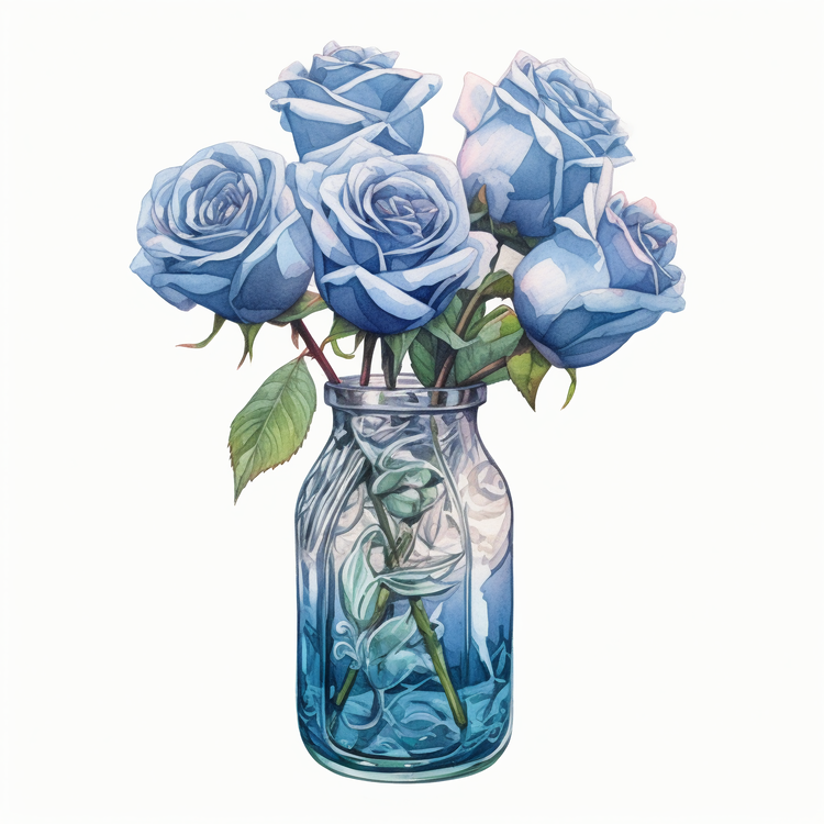 Watercolor Rose,Blue Roses,Vase