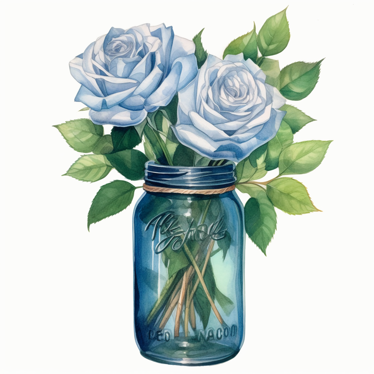 Watercolor Rose,Blue,Mason Jar
