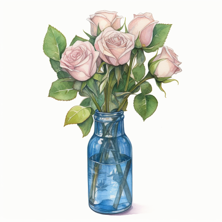 Watercolor Rose,Roses,Blue Vase