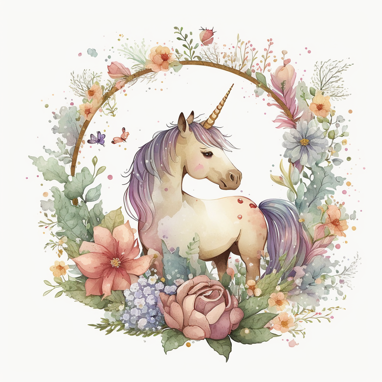 Unicorn,Floral Wreath,Watercolor