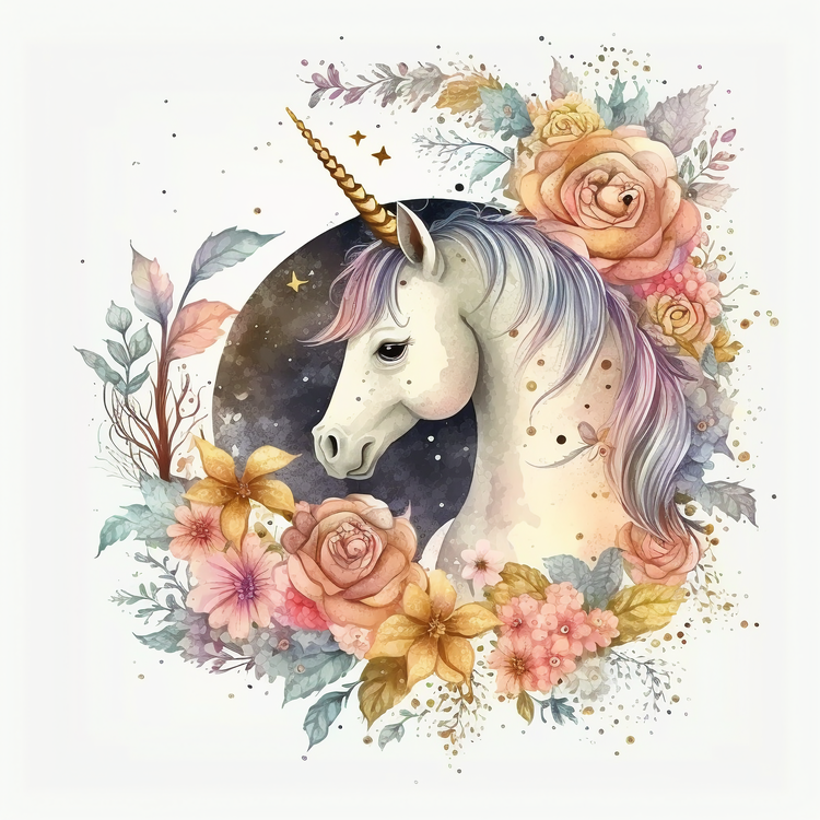 Unicorn,Floral Crown,Watercolor
