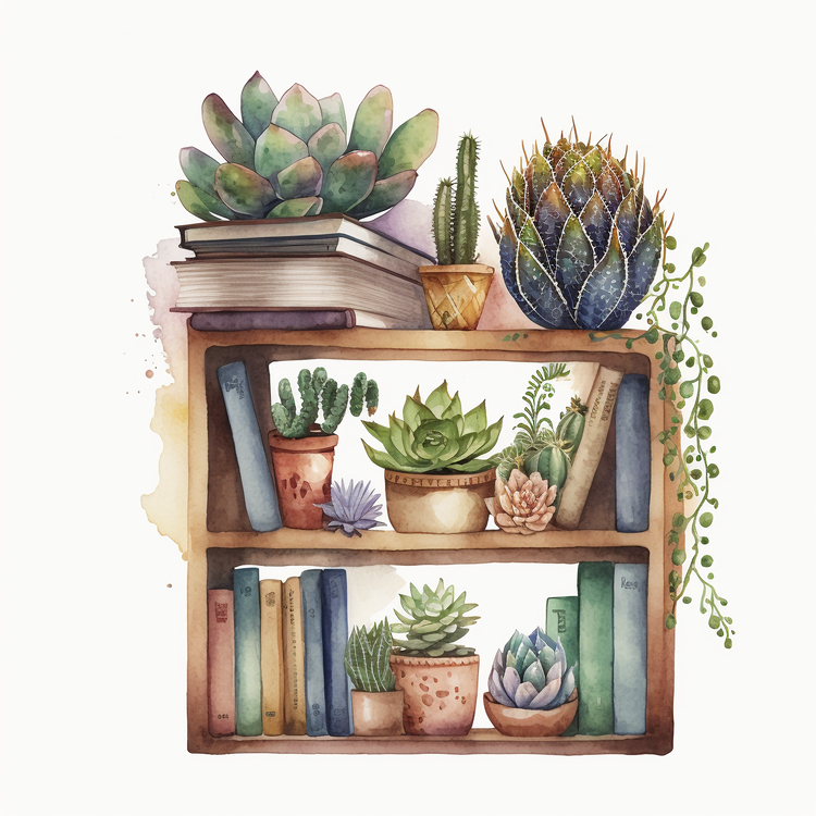 Stack Of Books,Bookshelf,Succulents