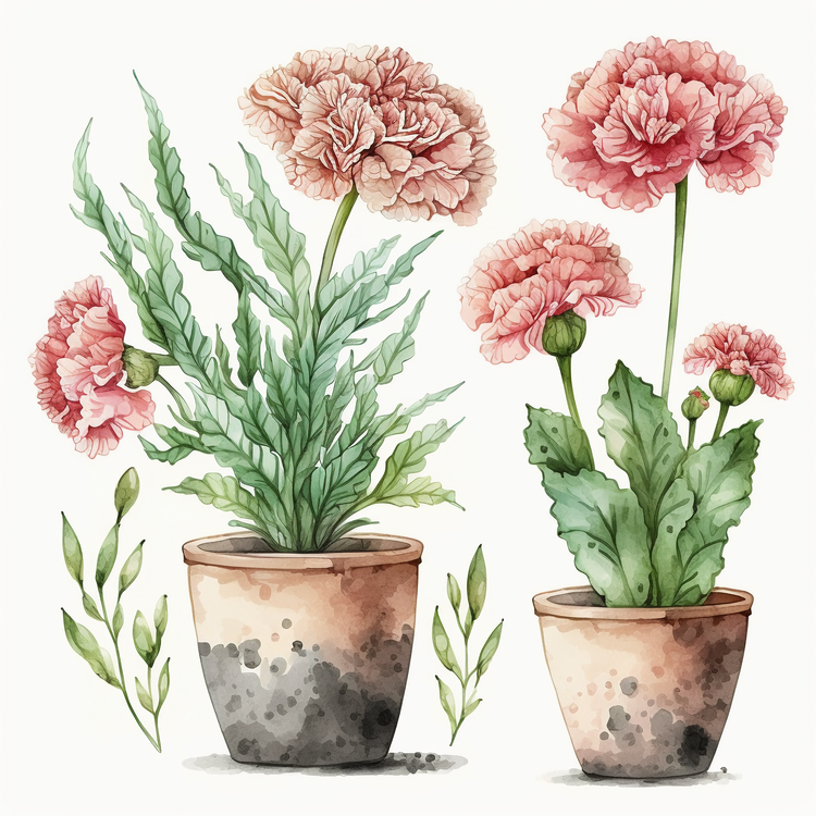 Watercolor Carnation Flowers,Potted Plants,Pink Flowers
