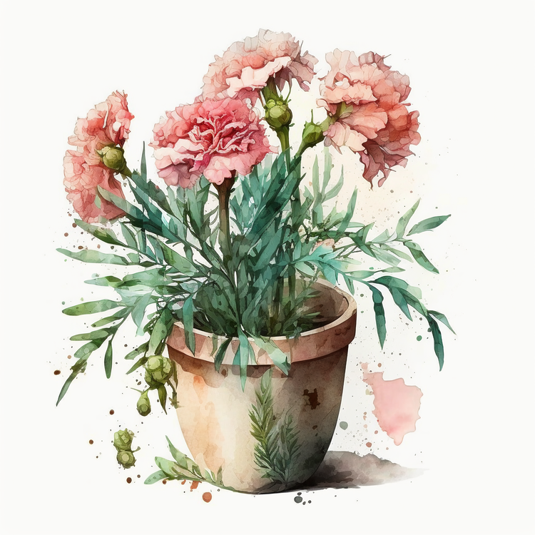 Watercolor Carnation Flowers,Carnations,Flowerpot