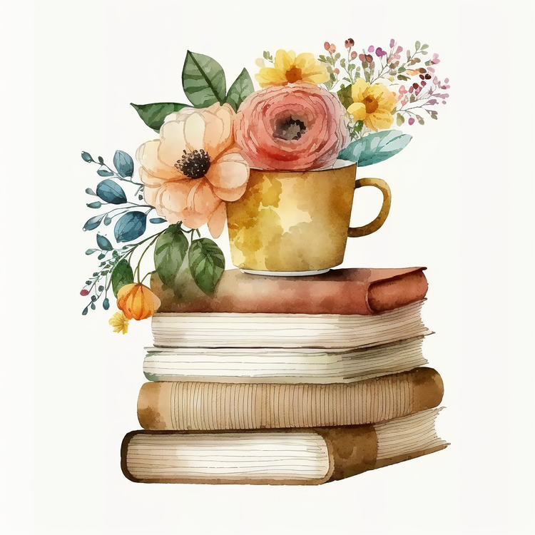 Stack Of Books,Coffee Cup,Watercolor