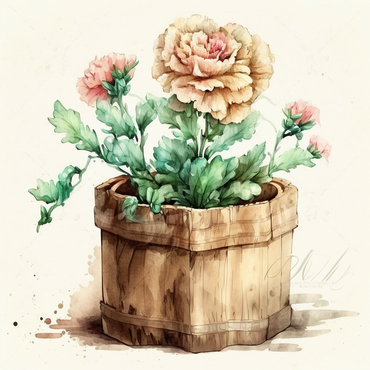 Watercolor Carnation Flowers,Flower Pot,Wooden Planter