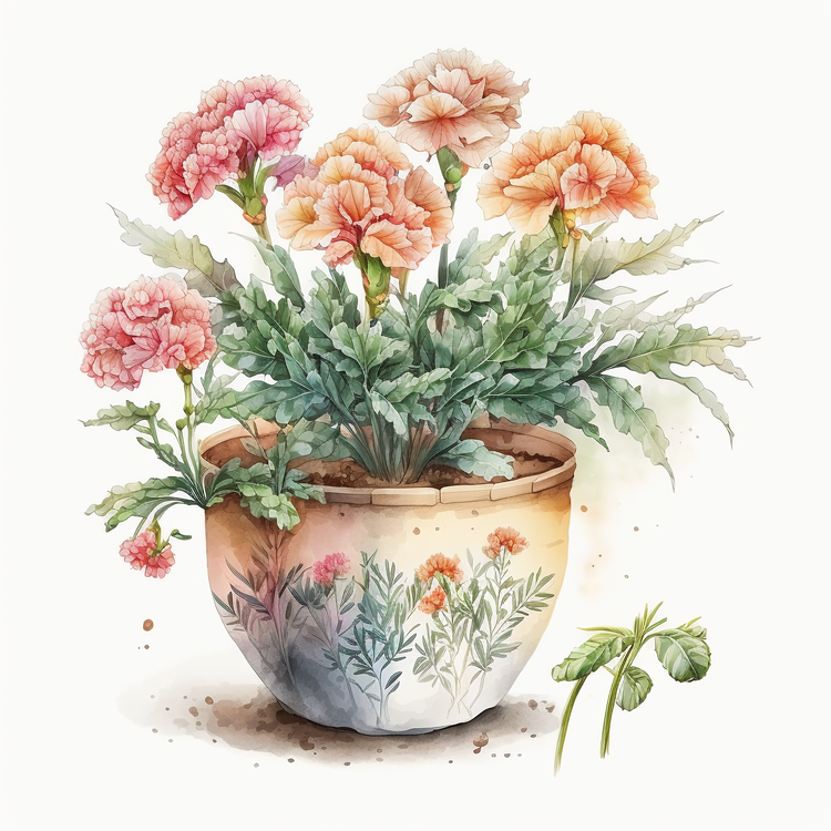 Watercolor Carnation Flowers,Potted Flowers,Pink Flowers
