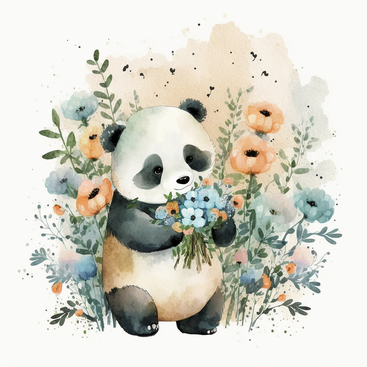 Panda,Watercolor,Floral