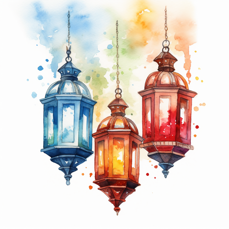 Eidaladha,Colorful Lanterns,Watercolor Illustration