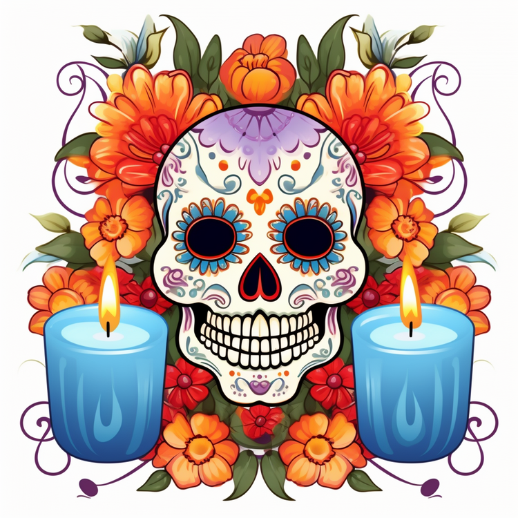 Candles,Sugar Skull,Colorful Flowers