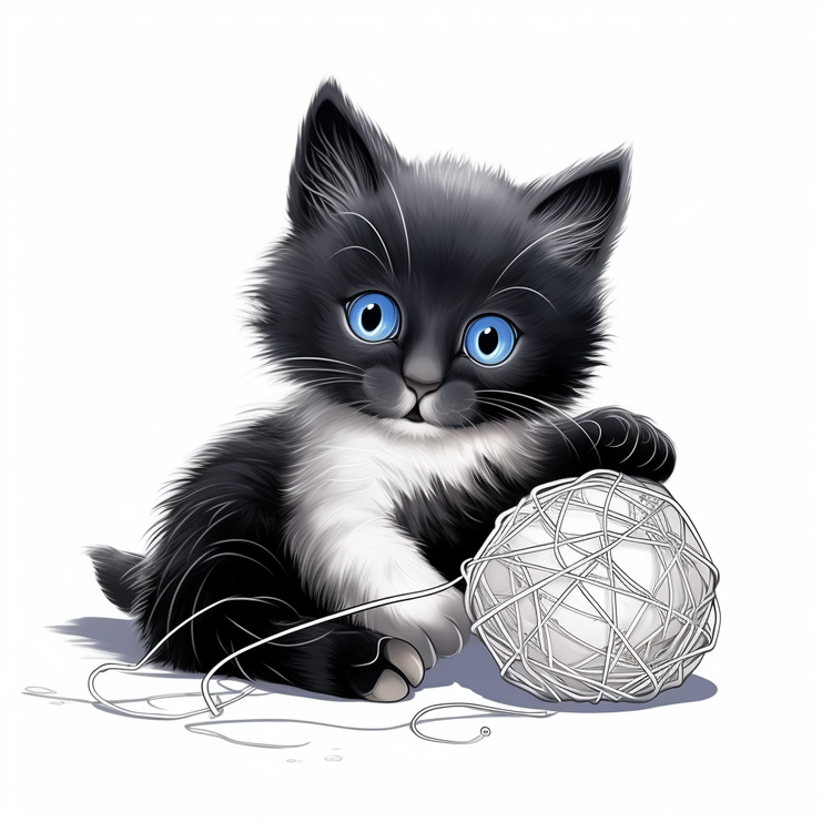Cat Playing Yarn Ball,Kitten,Black And White