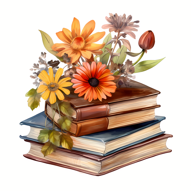 Stack Of Old Books,Autumn Flowers,Others