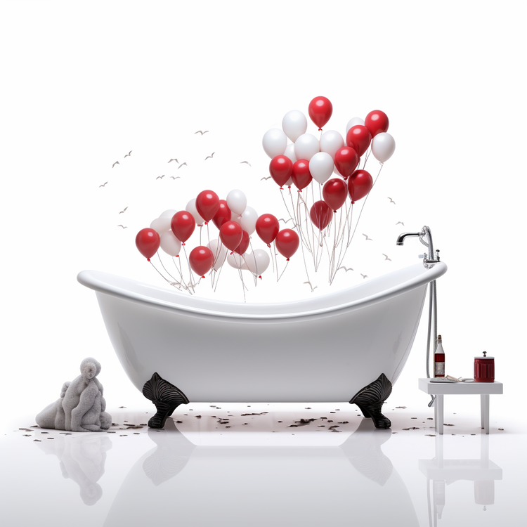 Bathtub,Bubble Bath,Red And White Balloons