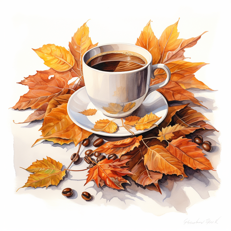 Autumn Coffee,Fall Leaves,Cup Of Coffee