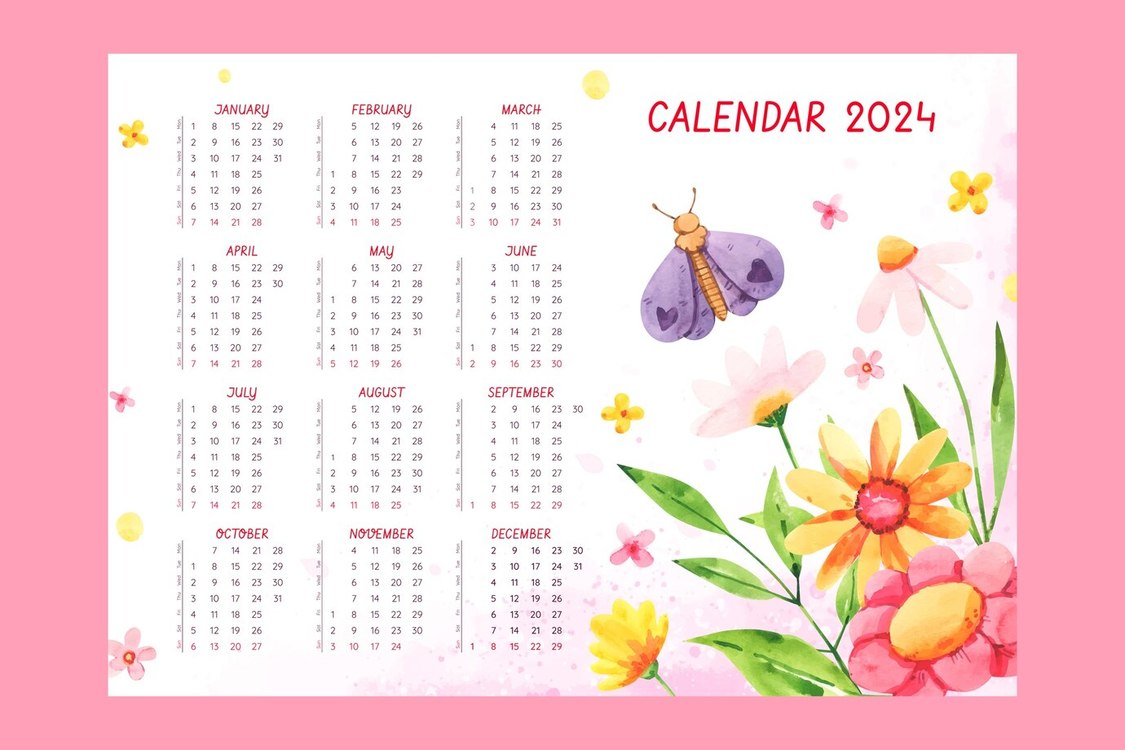 2024 Yearly Calendar,Calender,Flowers
