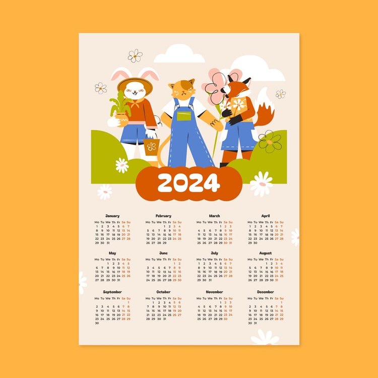 2024 Yearly Calendar,Calendar,Farm Animals