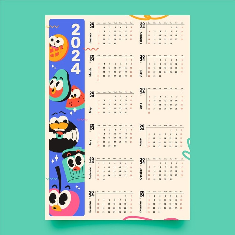 2024 Yearly Calendar,Calendar,Colorful