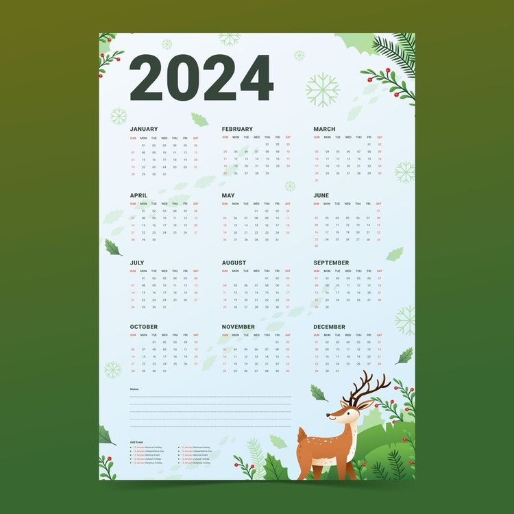 2024 Yearly Calendar,Reindeer,Calendar