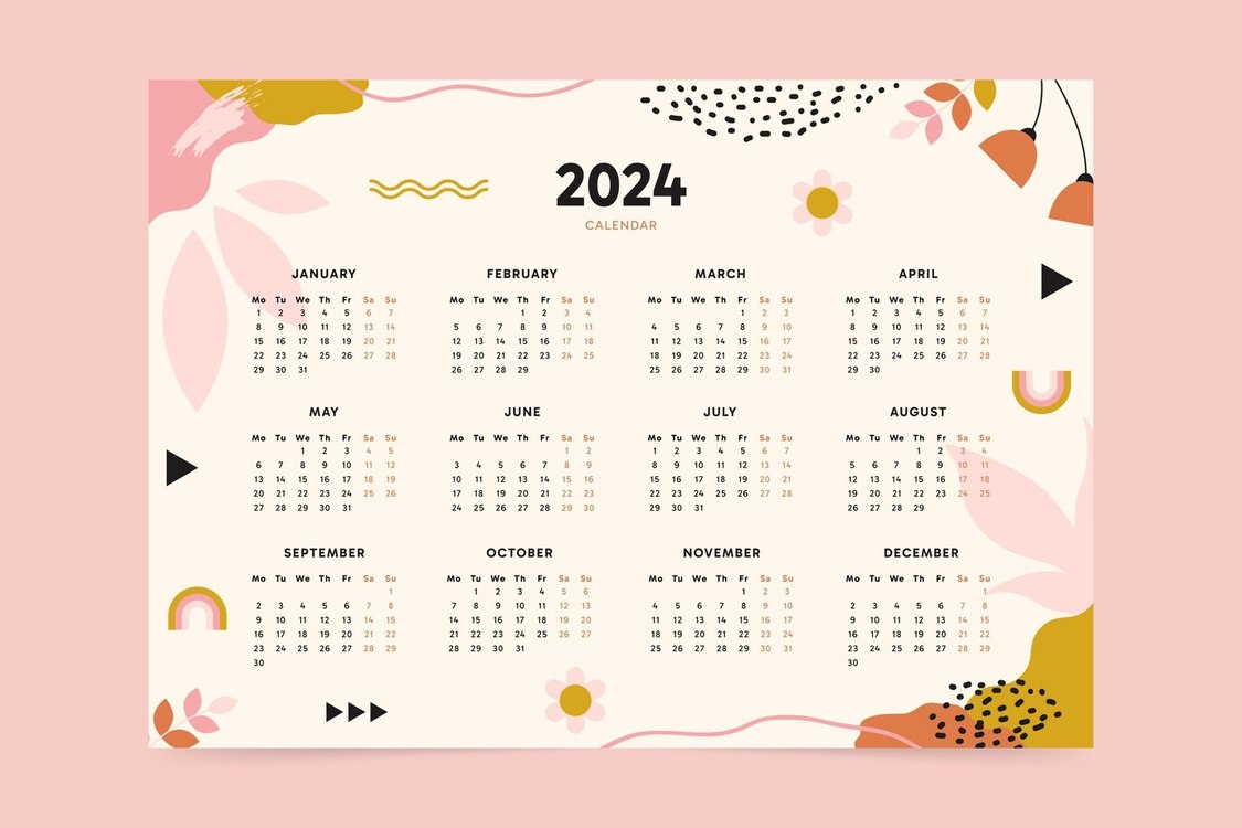 2024 Yearly Calendar,Colorful,Floral