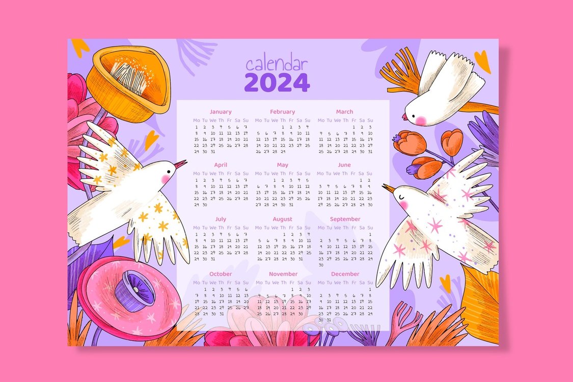 2024 Yearly Calendar,Calendar,Birds