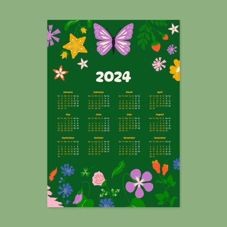 2024 Yearly Calendar,Calendar,Flowers