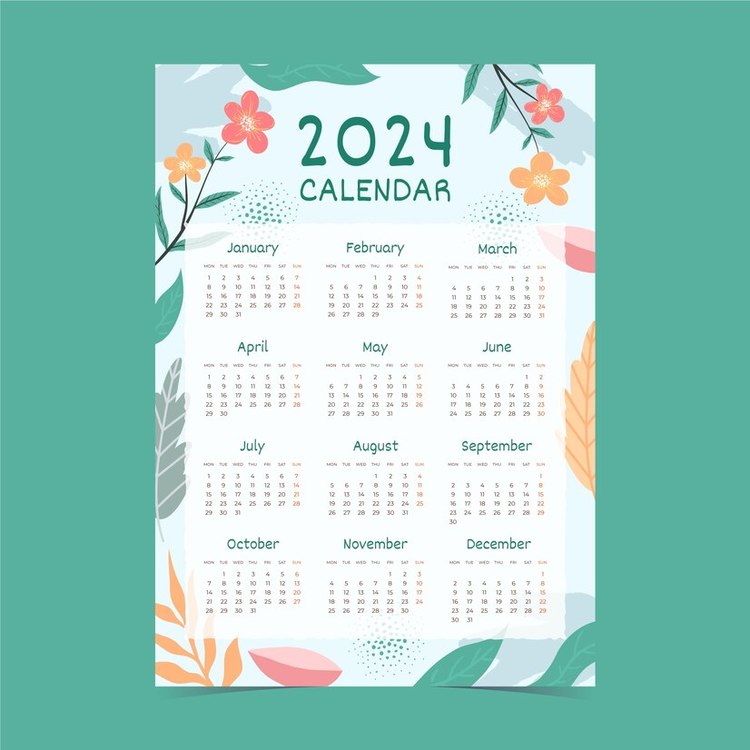 2024 Yearly Calendar,Calendar,Plant Leaves