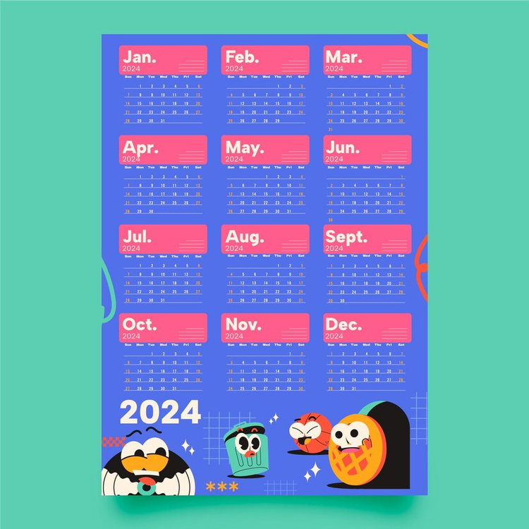 2024 Yearly Calendar,Cute,Cartoon