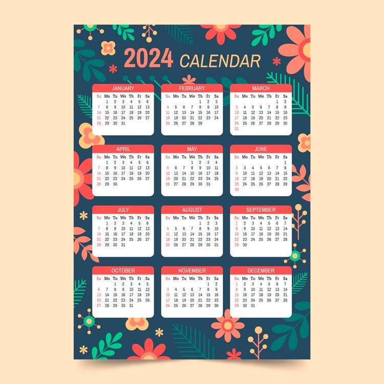2024 Yearly Calendar,Calendar,Flower Design