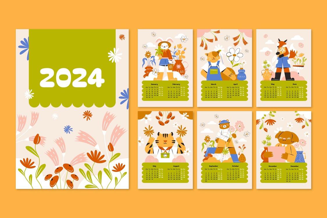 2024 Yearly Calendar,Garden,Animals