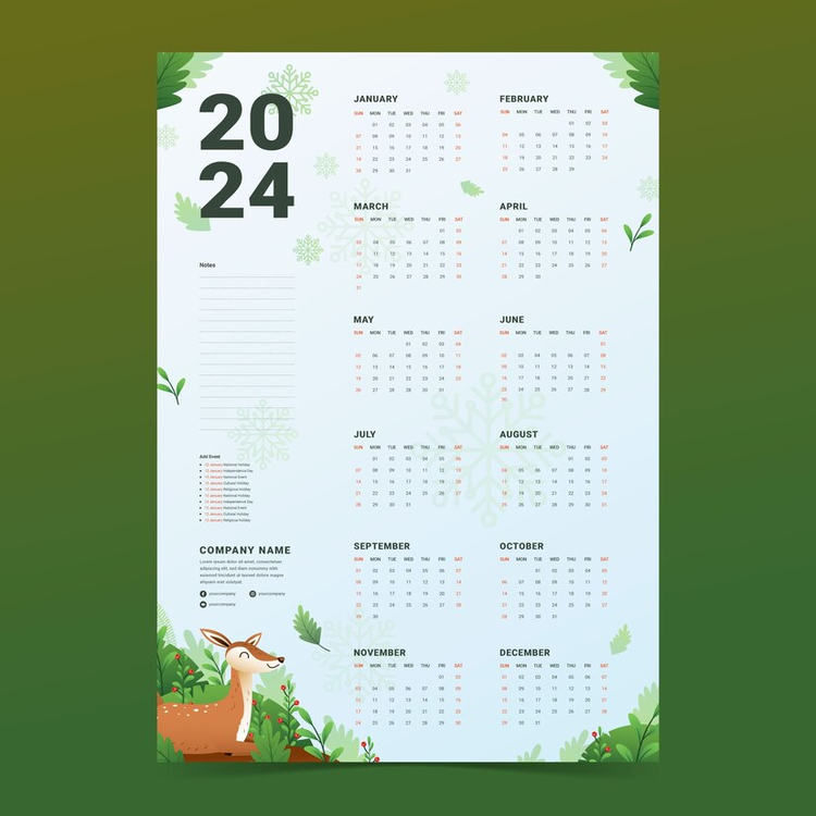 2024 Yearly Calendar,Calendar,Green