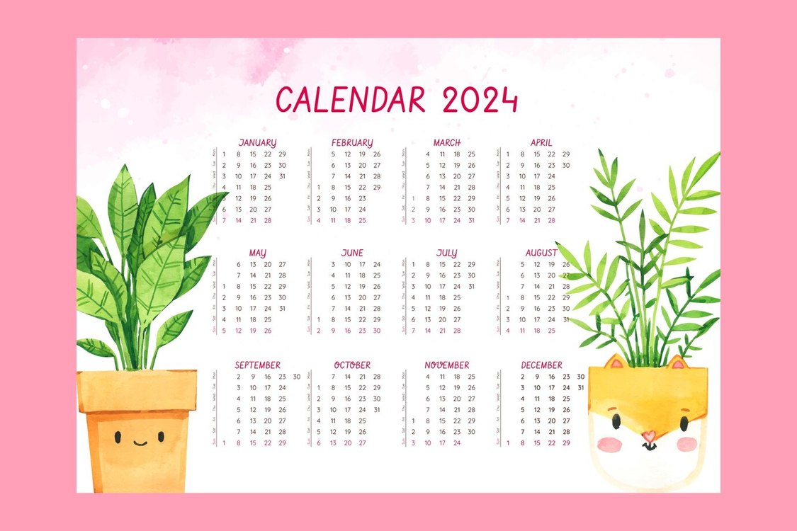 2024 Yearly Calendar,Watercolor,Cute