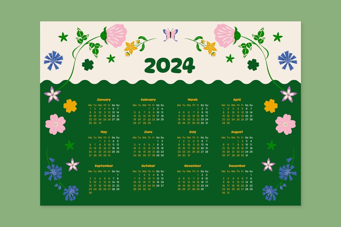 2024 Yearly Calendar,Calendar,Floral Design