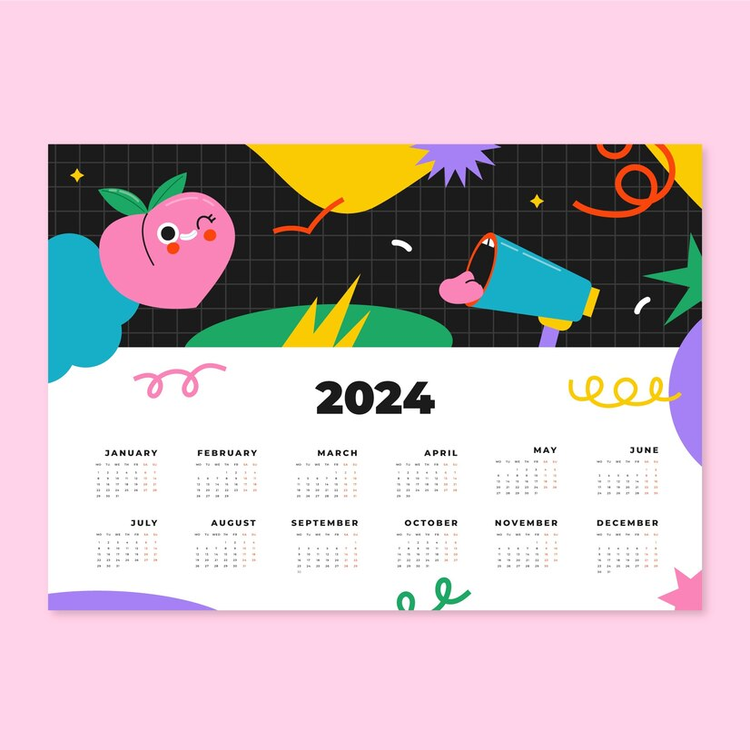 2024 Yearly Calendar,Cartoon,Cute