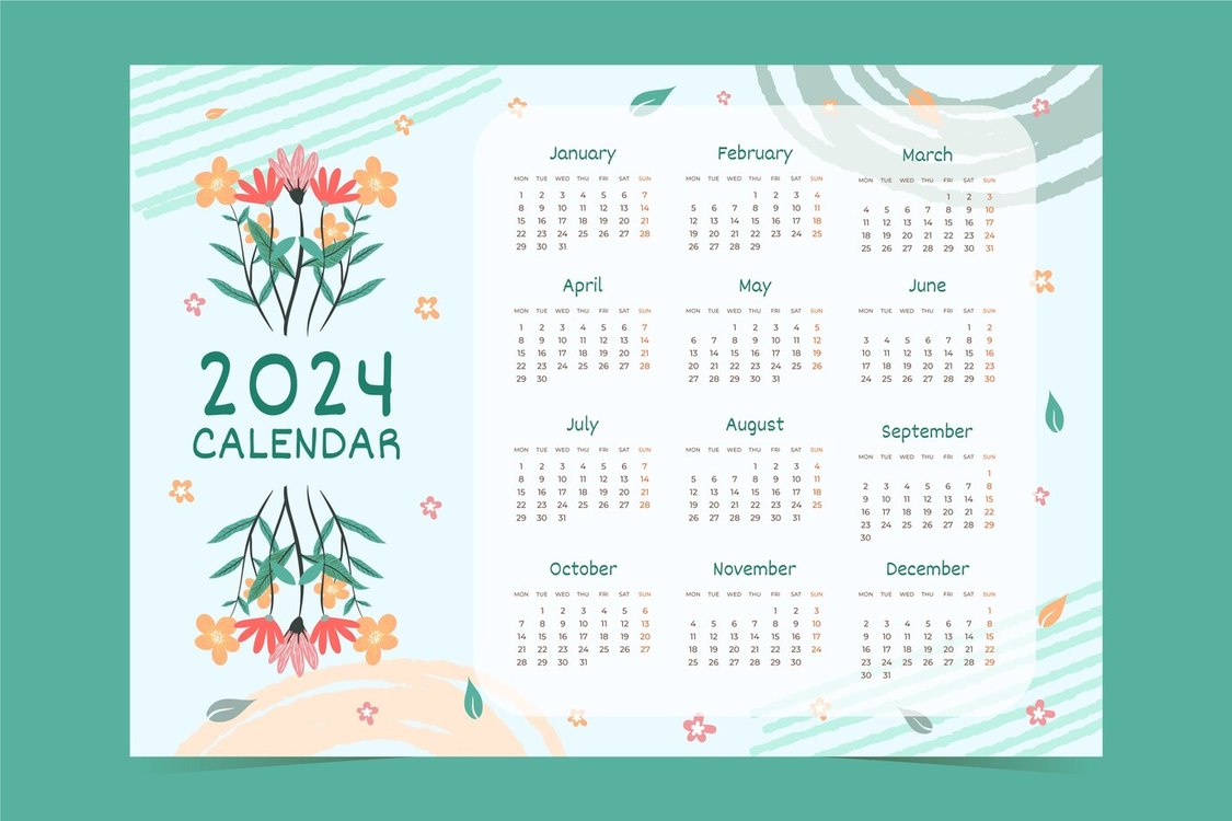 2024 Yearly Calendar,2024 Calendar,Floral Design