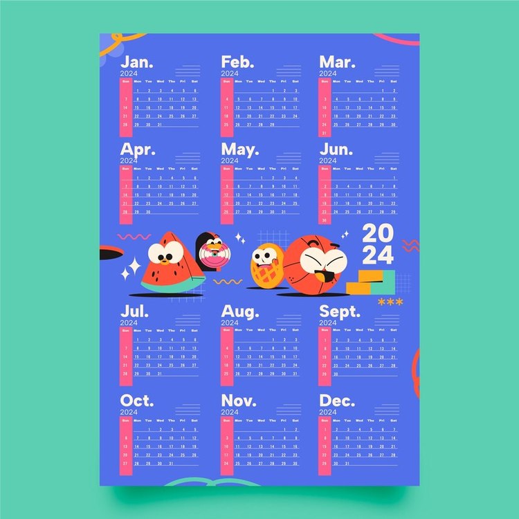 2024 Yearly Calendar,Calender,Colorful