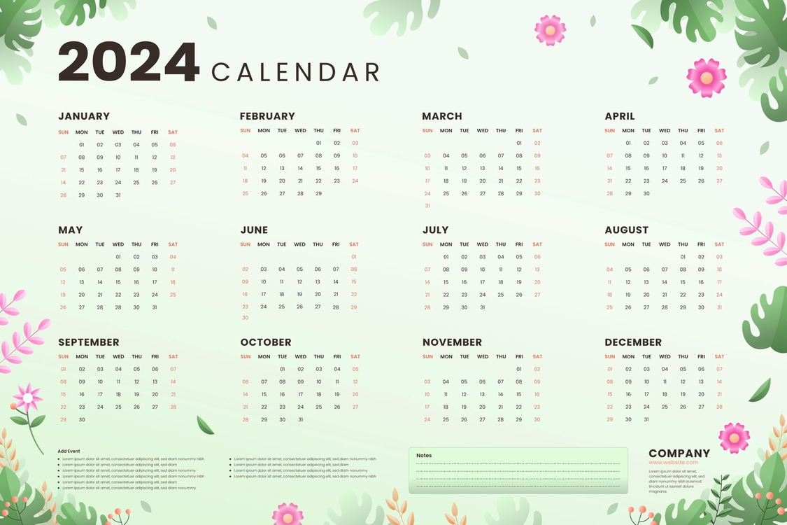 2024 Yearly Calendar,January,February