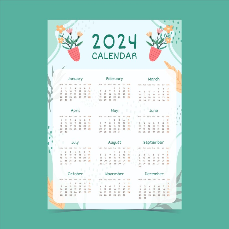 2024 Yearly Calendar,Flowers,Calendar