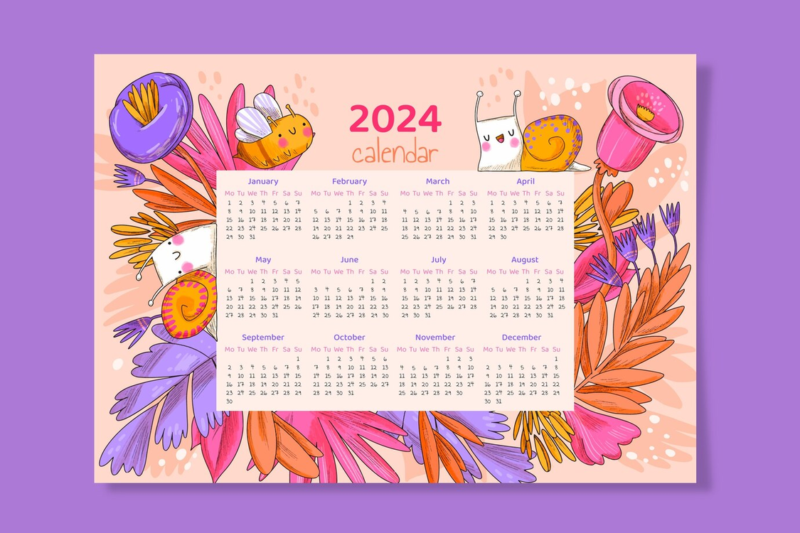 2024 Yearly Calendar,Floral,Whimsical
